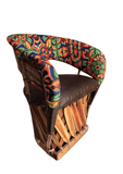 SILLA EQUIPAL DE PIEL PARA RESTAURANTE CANCÚN CON TEXTIL HUICHOL